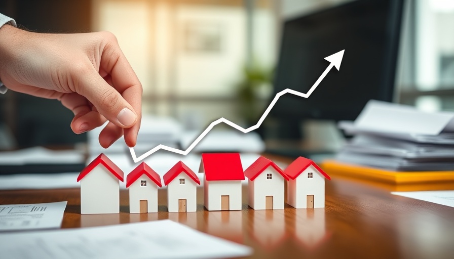 Businessperson with graph and house models illustrating UK house price trends.