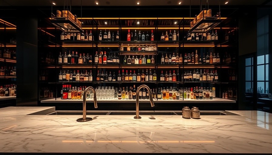 Sleek modern bar with marble countertop in a Berlin-style hotel in London