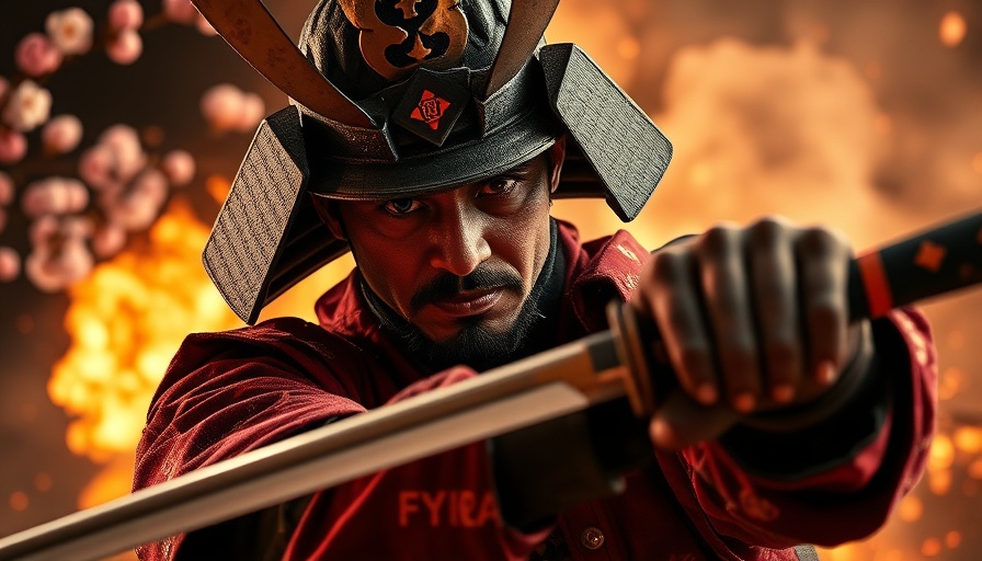 Samurai in cinematic mode amidst fire and cherry blossoms.