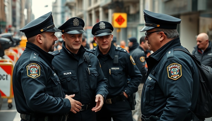 Police officers in discussion during police crackdown on free speech.