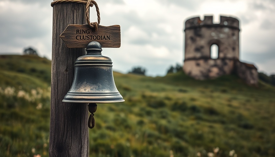 Historic bell and sign with ancient Dumfries tower in meadow.