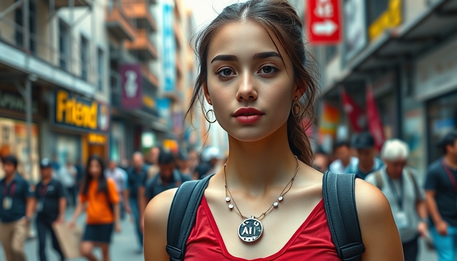 Young woman with Friend AI Necklace on a bustling city street.