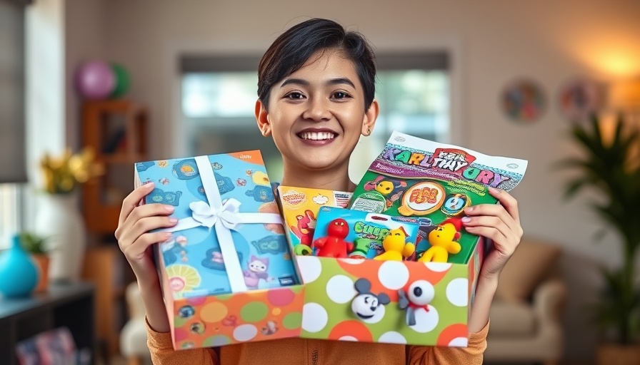 Cheerful person with budget birthday gifts, vibrant toys.