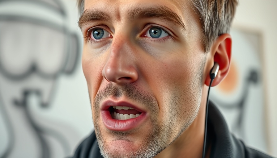 Man discussing market trends with earbuds, modern art in background