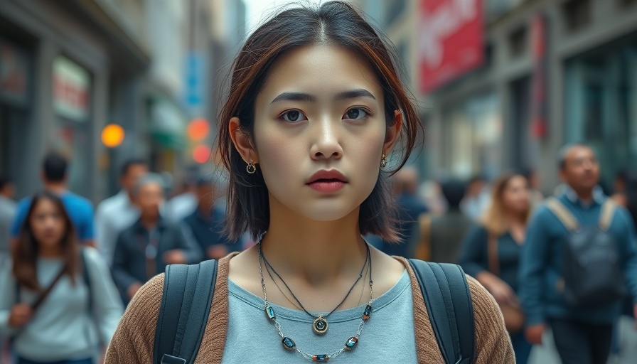 Young woman with AI necklace in busy city street, privacy concerns.