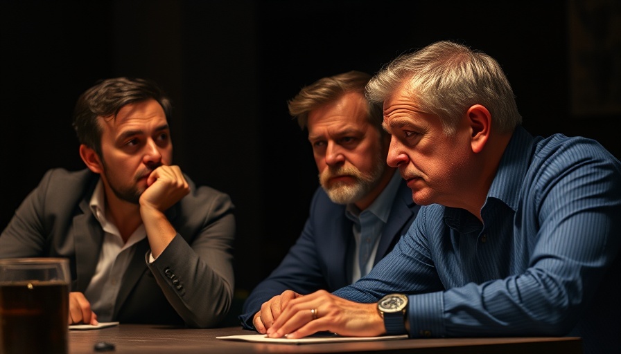 Thoughtful men discussing at a table, exploring meaning crisis.