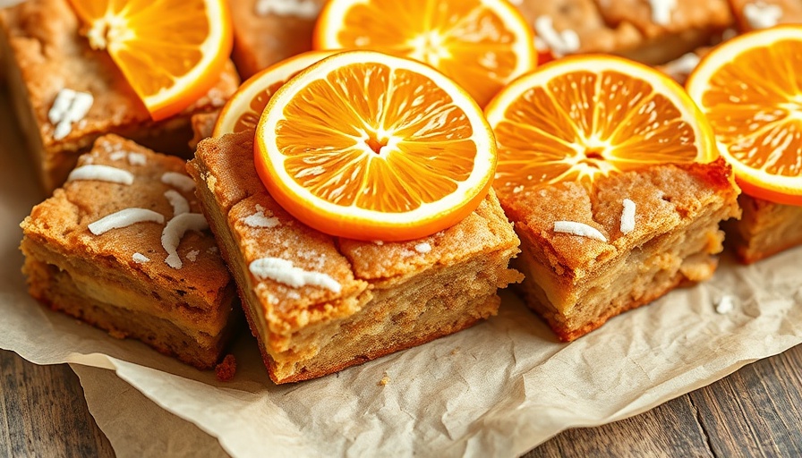 French blondies recipe with orange slices, close-up shot.
