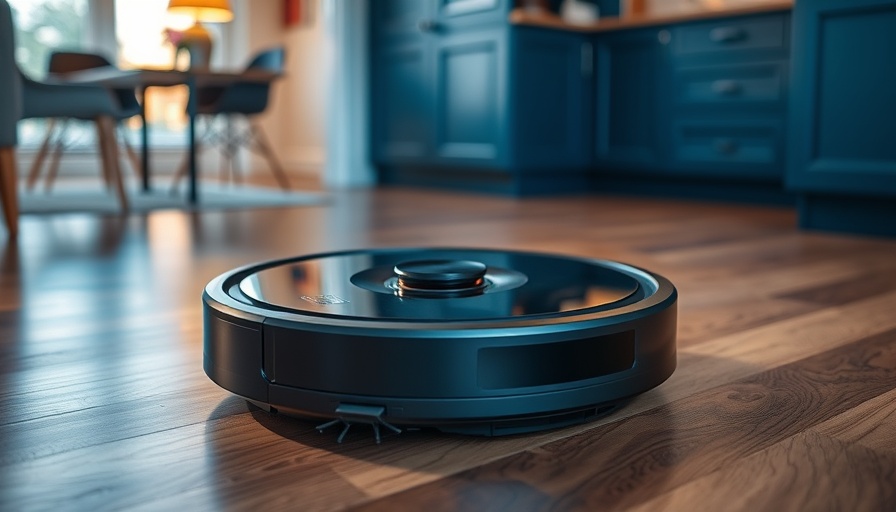 Sleek black robot vacuum docked in a modern home environment.