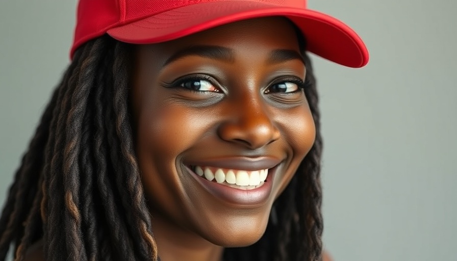 Close-up of a smiling woman with long dreadlocks wearing a red cap