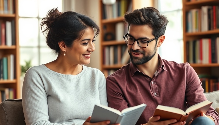 Couple sharing insights on family stability with books in the background.