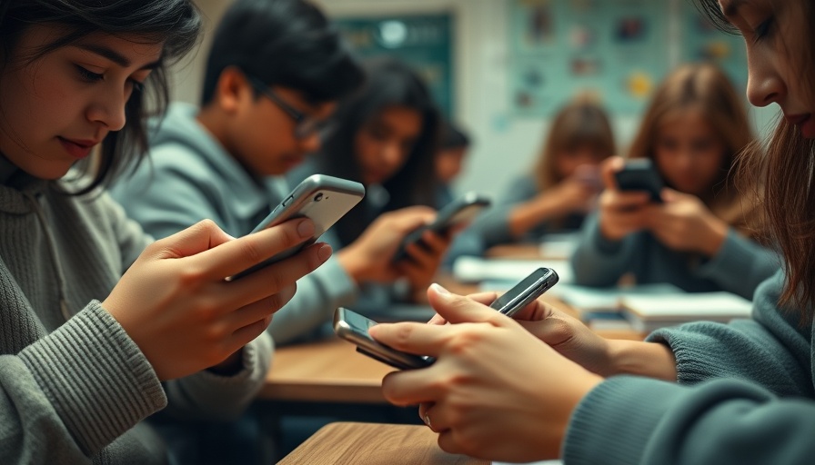 Students using cellphones in a classroom setting.