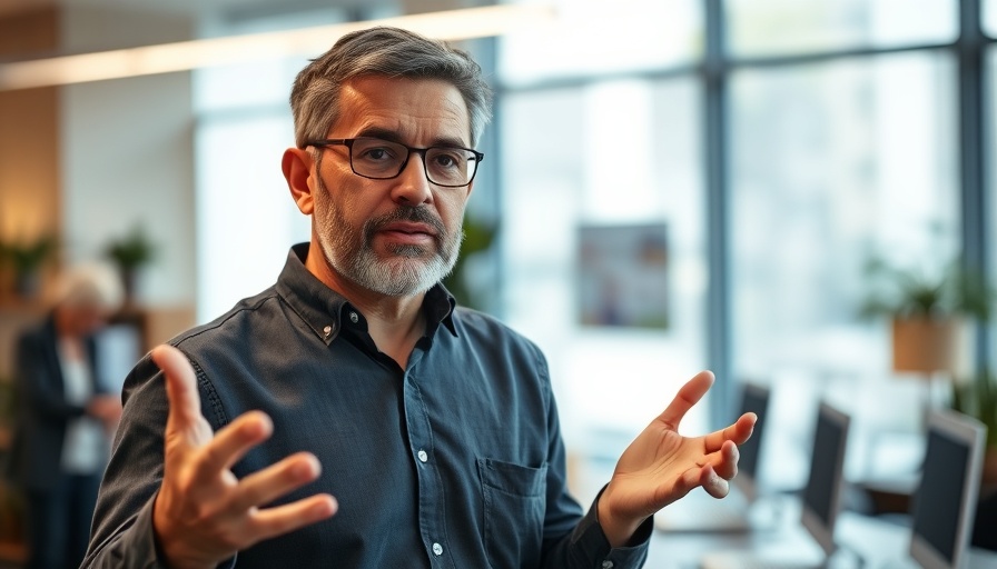 Man explaining trademark in an office setting, business registration.
