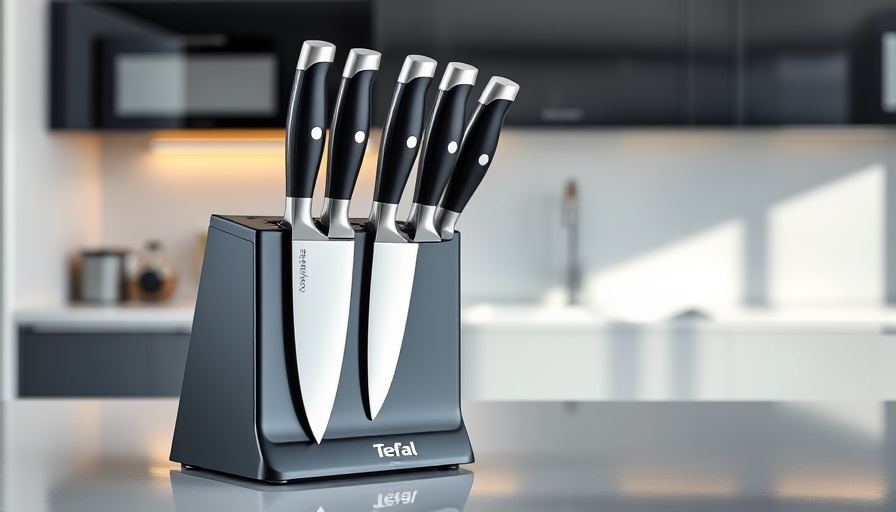 Sleek Tefal self-sharpening knife set in modern kitchen.