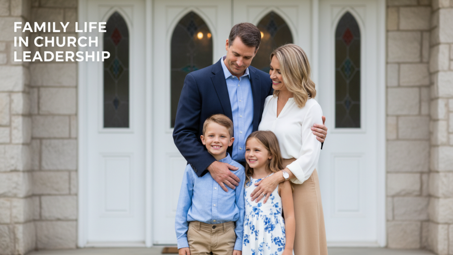 A thoughtful pastor with family at a church entrance, embodying spiritual leadership.