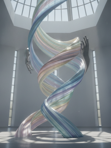 Contemplative modern church art with sleek lines and sunlight, in a minimalist setting.