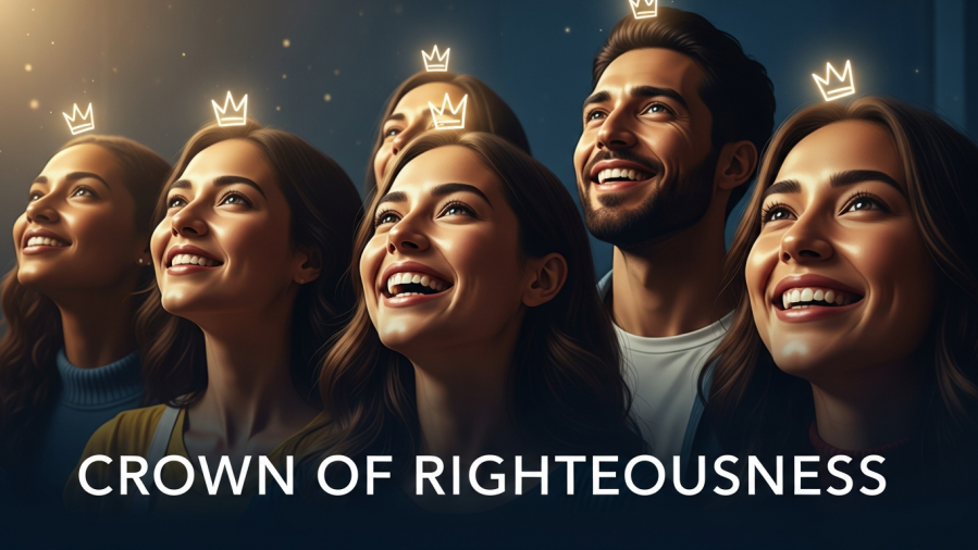 Joyful diverse group with glowing crowns, symbolizing discipleship and eternal reward.