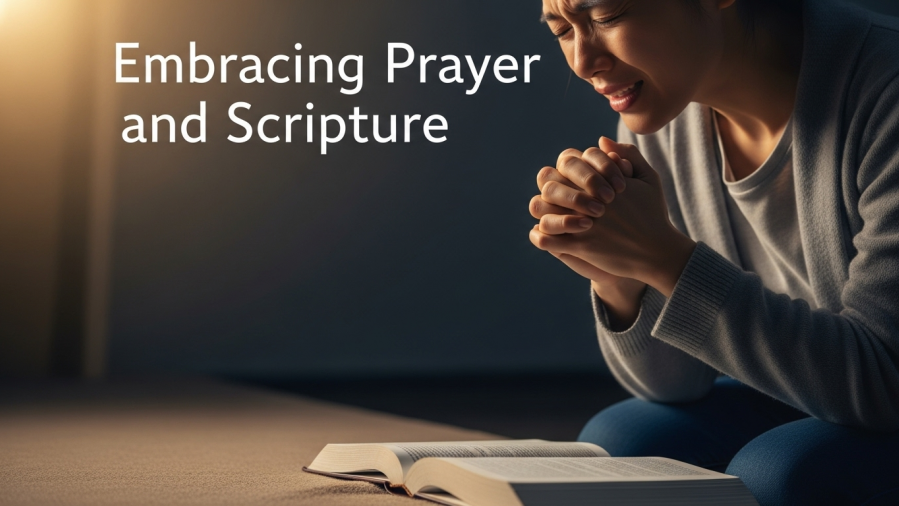 A person kneeling in prayer embraces spiritual growth, radiating hope at dawn.