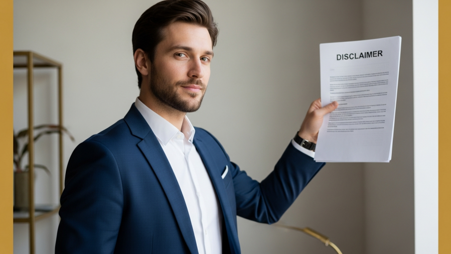 Confident business professional in navy attire, holding 'Disclaimer' document.