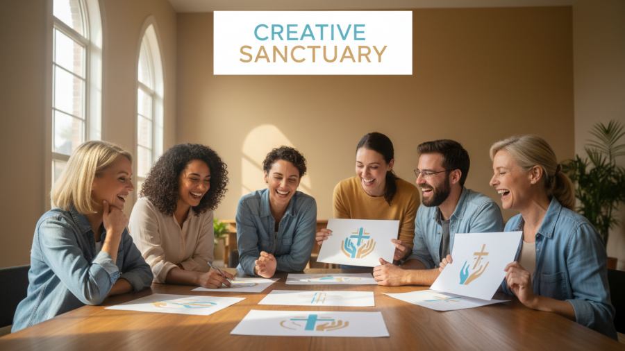 Joyful churchgoers discussing wordmark logos in a soft daylight setting.