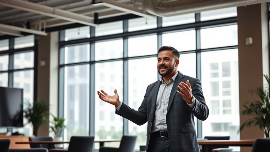 Enthusiastic speaker discussing church content strategy in a modern office.