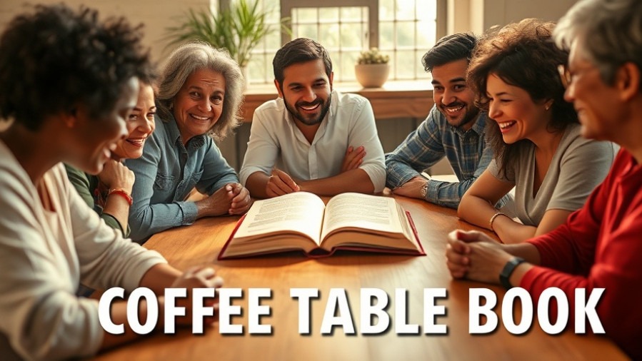 Joyful church community sharing stories over a coffee table book, showcasing engaging church marketing strategies.