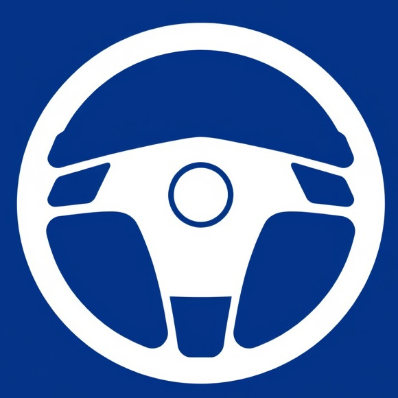 Modern car steering wheel icon in white on a dark blue background