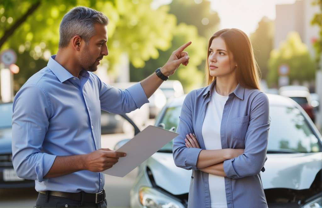 auto body repair shop estimator technician and female car owner consult at collision center for collision repair estimate