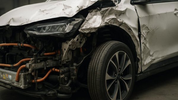 Damaged white EV showing internal components under bright lights.