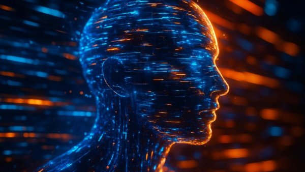 Digital head silhouette with data streams and dynamic lighting, New ADAS Technologies theme.