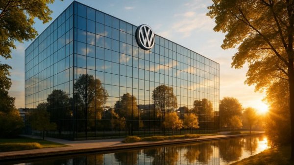 Volkswagen Chattanooga factory facade reflecting sky and trees at sunrise.