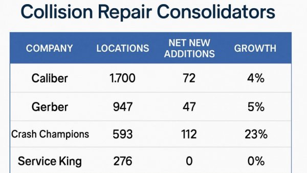 Table showing collision repair M&A activity statistics for major consolidators.