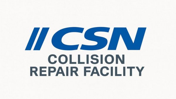 CSN Collision Repair Facility logo in blue and gray on white background.