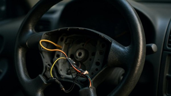 Damaged steering wheel missing airbag signifying safety issue, counterfeit airbag safety lawsuit.