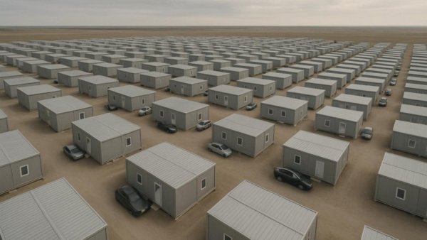 Aerial view of organized AI man camps in a vast open landscape.