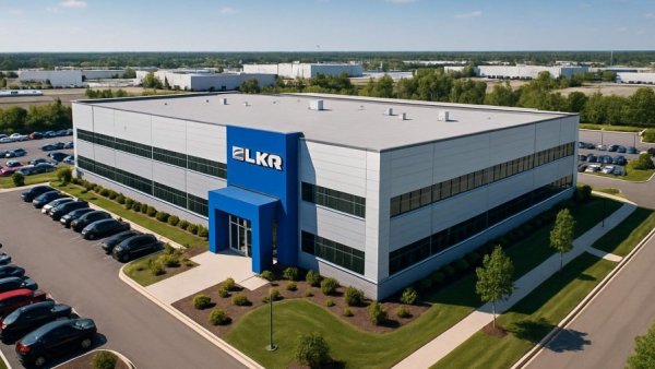 Aerial view of LKQ building, market conditions improving, modern facility.