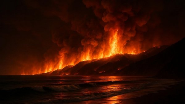 LA Wildfire Suspect Evidence Exoneration: Coastal view of large wildfire at night.