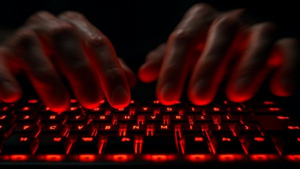 Dynamic typing on glowing red keyboard to combat cybercrime.
