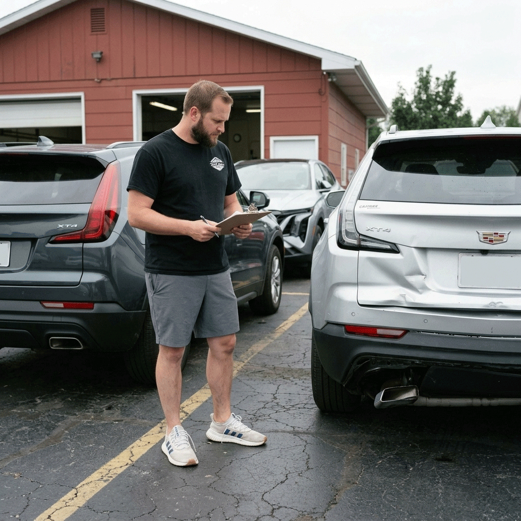 estimator looking at damage from a rear end collision in Downers Grove