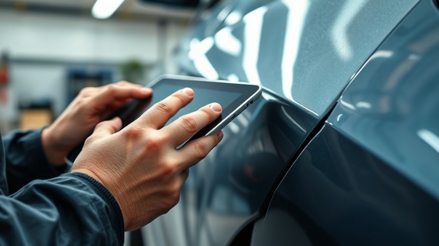 Close-up of technician inspecting vehicle damage using iPad in well-lit repair bay.