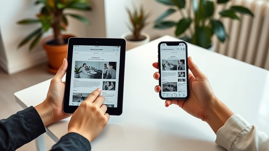 Two female hands holding an iPad and iPhone, displaying the same website in a modern room.