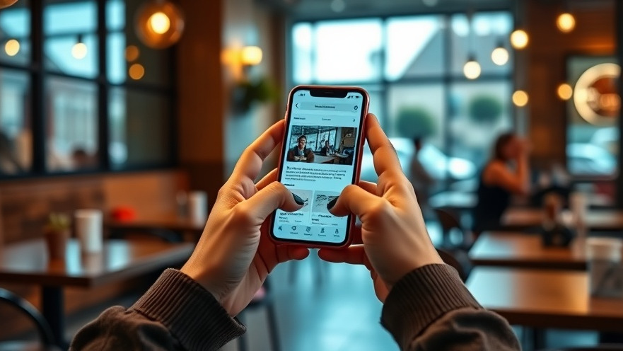 Two female hands scrolling a website on a mobile phone in a cozy coffee shop.