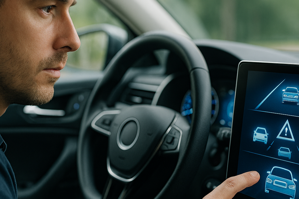 Close-up of glossy ADAS sensors and cameras on a modern vehicle, reflecting city lights, representing high repair cost after minor collision