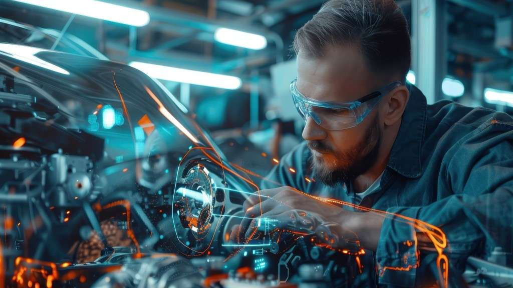 Technician precisely calibrating ADAS systems after property damage from minor collision, inside high-tech service bay with digital equipment—demonstrating high repair costs and labor rates