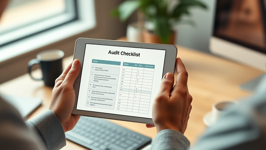 Two male hands holding an iPad displaying an Audit Checklist in a modern office setting.