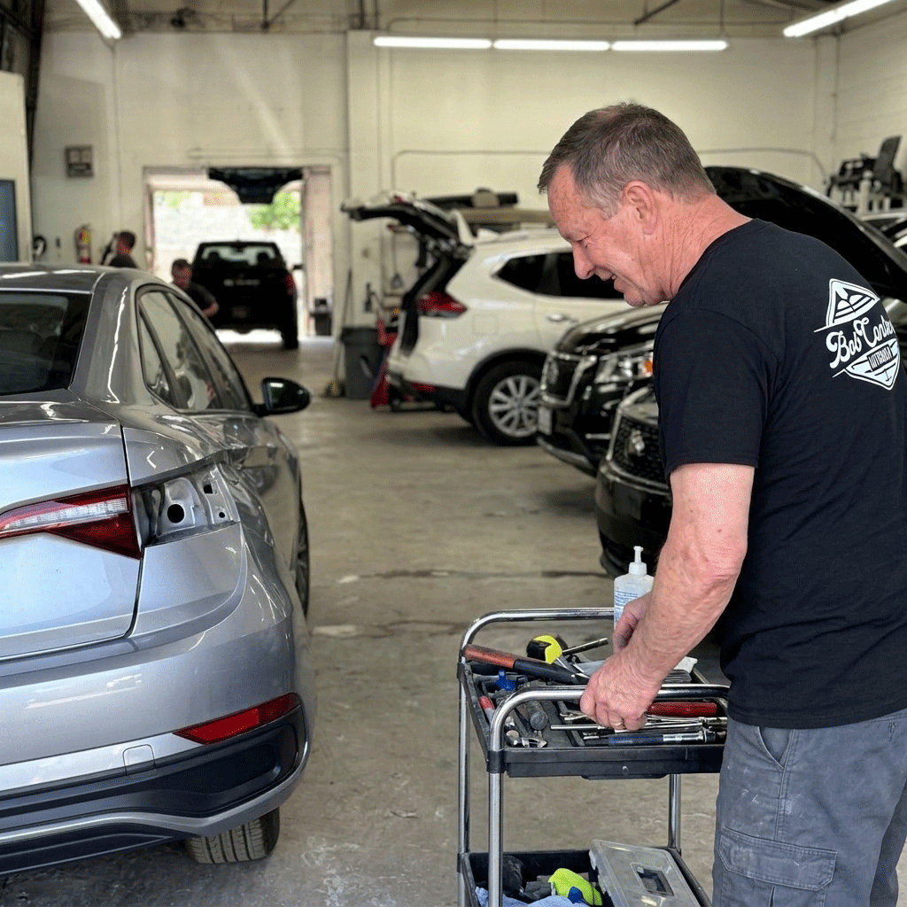technician performing rear end collision repair in Downers Grove