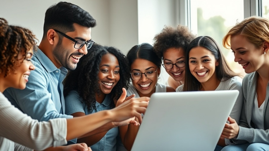 Diverse group discovering impressive content on a laptop, surprised expressions.