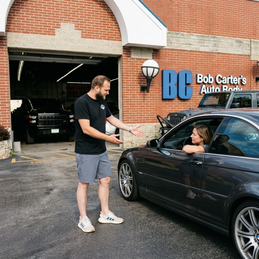 happy customer driving safe beautiful sedan after getting front end collision repair in Downers Grove IL at Bob Carter's Auto Body