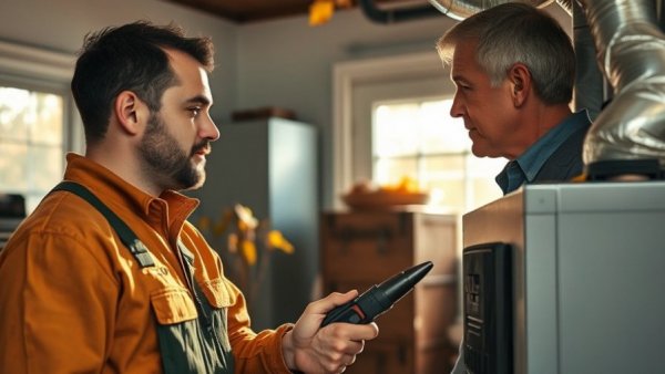 Technician and homeowner during winter furnace tune-up in garage.