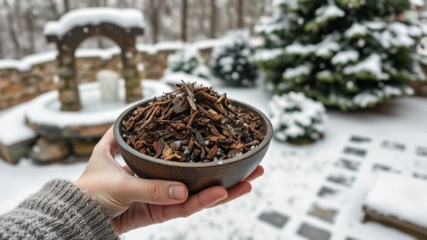 Hand holding compost scraps in snowy winter garden.