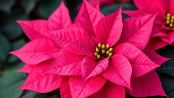 Close-up of vibrant pink poinsettia blooms with green buds.